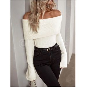Cream Off The Shoulder Fold Over Sweater Pullover Knit Long Sleeve